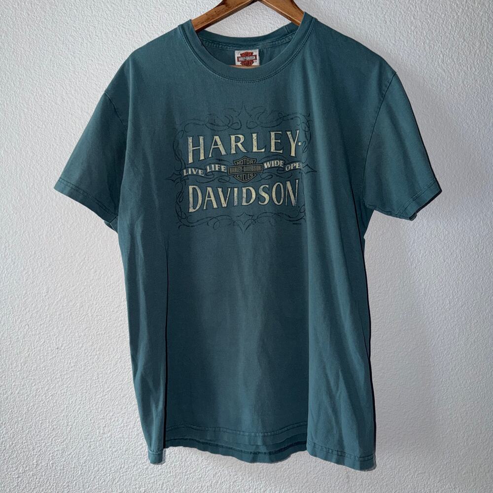 08’ Harley-Davidson Conroe Texas Longhorn Skull Graphic T-Shirt Men’s L Blue